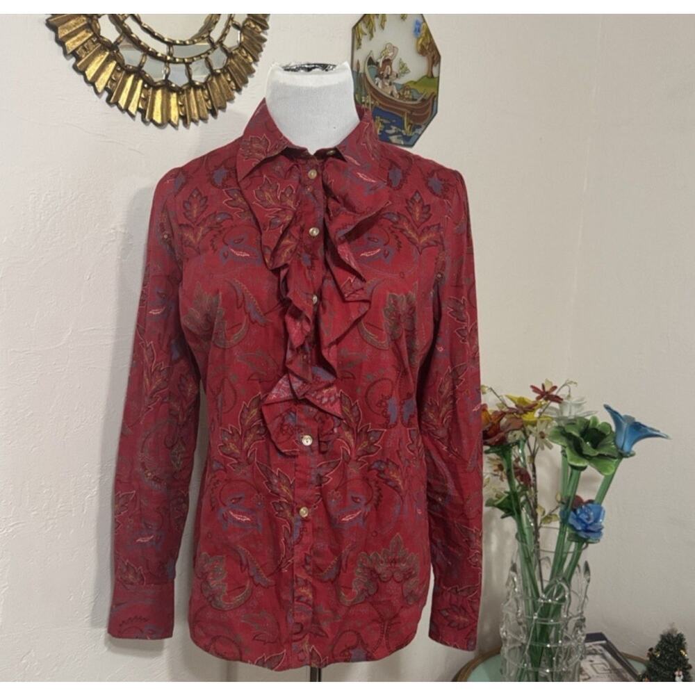 Ralph Lauren Ruffle Front Blouse L Paisley Equestrian Western Southwest Preppy